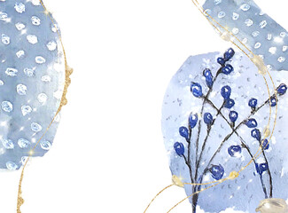 Watercolor shapes with doodles in blue tones with gold glitter. The basis for the design for invitation, banner, website, instagram. Modern trendy design