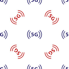Obraz premium Blue and red 5G new wireless internet wifi connection icon isolated seamless pattern on white background. Global network high speed connection data rate technology. Vector.