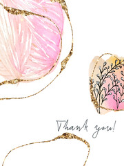Watercolor shapes with doodles in pink tones with gold glitter. Thank you lettering. The basis for the design for invitation, banner, website, instagram. Modern trendy design