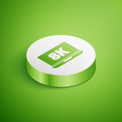 Isometric Laptop screen with 8k video technology icon isolated on green background. White circle button. Vector.
