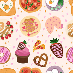 Valentine's Day love food seamless pattern. Romatic Delicious food. Vector hand drawn illustration.