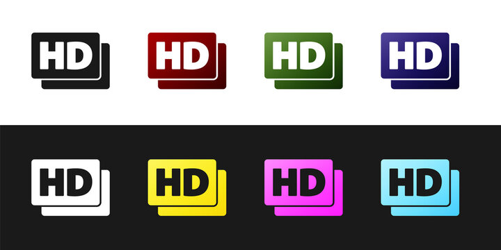 Set Hd movie, tape, frame icon isolated on black and white background. Vector.