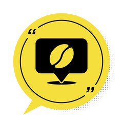 Black Location with coffee bean icon isolated on white background. Yellow speech bubble symbol. Vector.