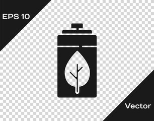 Black Eco nature leaf and battery icon isolated on transparent background. Energy based on ecology saving concept. Vector.