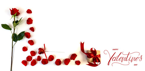 Happy Valentine's day! Card, online banner, greeting card, Flat lay on Valentine's Day  With red roses
