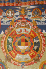 Colorful mural painting of protection mandala with the twelve zodiac animals of astrology in Punakha dzong, Western Bhutan