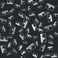 Grey Music wave equalizer icon isolated seamless pattern on black background. Sound wave. Audio digital equalizer technology, console panel, pulse musical. Vector.