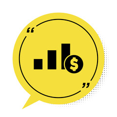 Black Pie chart infographic and dollar symbol icon isolated on white background. Diagram chart sign. Yellow speech bubble symbol. Vector.