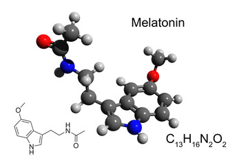 Chemical formula, skeletal formula and 3D ball-and-stick model of hormone melatonin