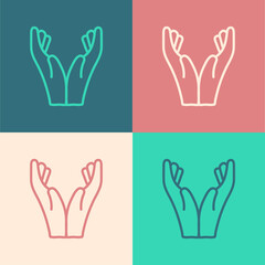 Obraz premium Pop art line Hands in praying position icon isolated on color background. Prayer to god with faith and hope. Vector Illustration.