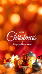 Greeting Card Merry Christmas and Happy New Year with Decoration, Light, on Top of Beach Sand, and Beautifull Red cloth waves texture background
