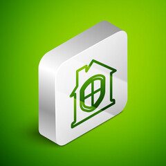 Isometric line House under protection icon isolated on green background. Home and shield. Protection, safety, security, protect, defense concept. Silver square button. Vector.