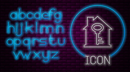 Glowing neon line House with key icon isolated on brick wall background. The concept of the house turnkey. Neon light alphabet. Vector.