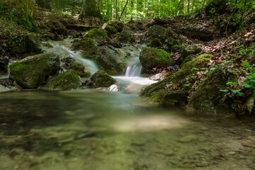 beautiful soft clear water with a little waterfall an a basin in a forest