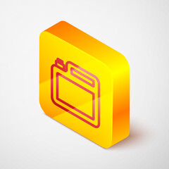 Isometric line Canister for motor machine oil icon isolated on grey background. Oil gallon. Oil change service and repair. Engine oil sign. Yellow square button. Vector.