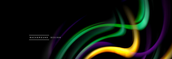 Dynamic motion abstract background. Color blurred stripes on black. Wave liquid lines poster. Vector illustration