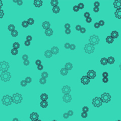 Black line Gear icon isolated seamless pattern on green background. Cogwheel gear settings sign. Cog symbol. Vector.