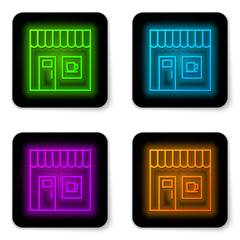 Glowing neon line Coffee shop icon isolated on white background. Black square button. Vector.
