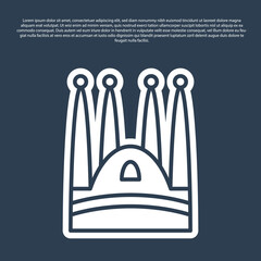 Blue line Sagrada Familia Cathedral at Barcelona, Spain icon isolated on blue background. Vector.