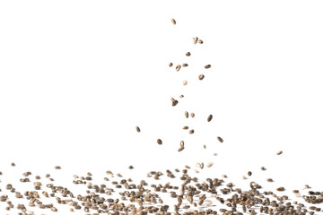 Close up of chia seeds falling and landing spread with white background