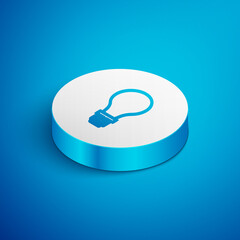 Isometric line Light bulb with concept of idea icon isolated on blue background. Energy and idea symbol. Inspiration concept. White circle button. Vector.