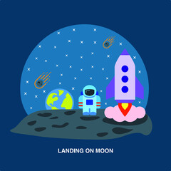 Astronaut landing on moon with spaceship rocket and beautiful view of earth sky with stars asteroids meteors blue background flat concept design