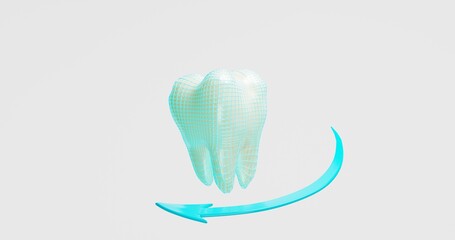 3d illustration scanning, treatment, X-ray of a stylized molar with a polygonal grid, blue arrow circling the molar.