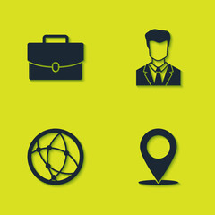 Set Briefcase, Map pin, Social network and User of man business suit icon. Vector.