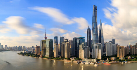 long exposure of Magnificent evening view of Lujiazui city architectural scenery along Huangpu river in Shanghai, China