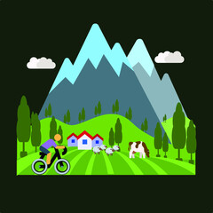 village life with mountains farm green field cow sheep and person cycling with trees and clouds flat concept icon design