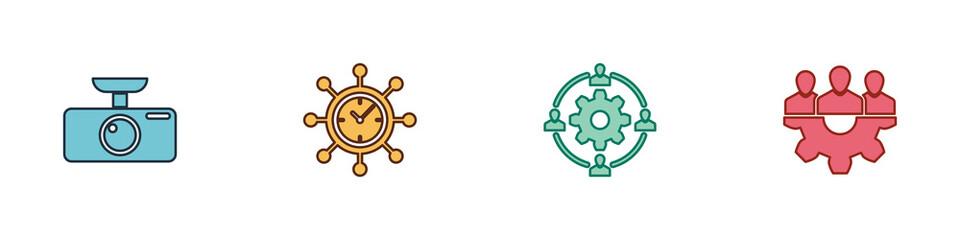 Set Car DVR, Clock and gear, Outsourcing concept and Project team base icon. Vector.