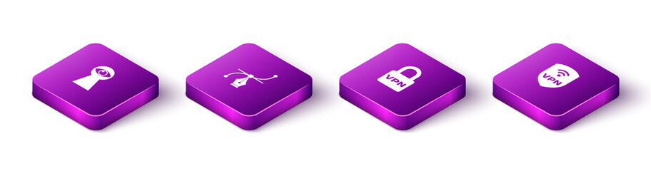 Set Isometric Keyhole with eye, Bezier curve, Lock VPN and Shield wireless icon. Vector.