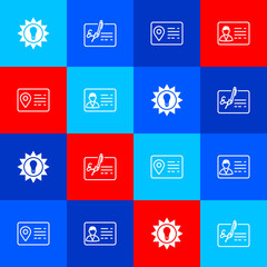 Set Solar energy panel, Signed document, Address book and Identification badge icon. Vector.