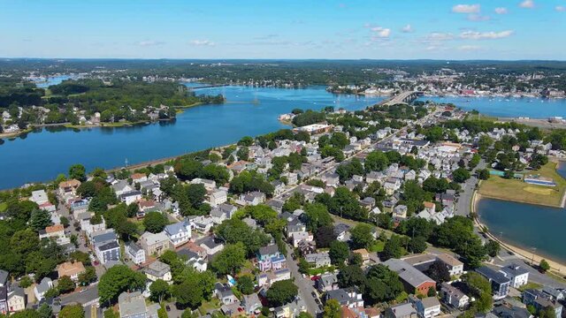 Aerial view of Salem Neck historic district, Danvers River, Beverly Harbor and Essex Bridge connecting Salem and Beverly in City of Salem, Massachusetts MA, USA.	