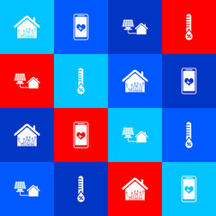 Set Smart home, Mobile with heart rate, House solar panel and Humidity icon. Vector.