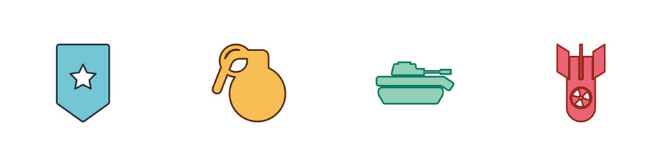 Set Chevron, Hand grenade, Military tank and Nuclear bomb icon. Vector.