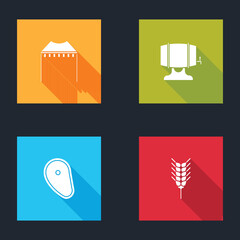 Set Camping tent, Wooden barrel on rack, Steak meat and Wheat icon. Vector.