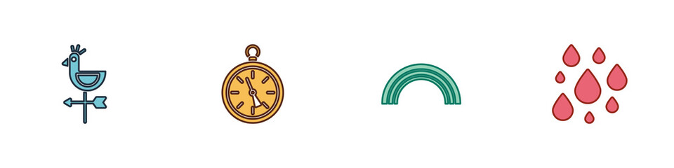 Set Rooster weather vane, Compass, Rainbow and Water drop icon. Vector.
