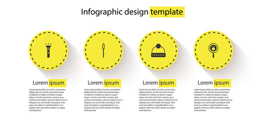 Set Flashlight, Medieval spear, Winter hat and Paw search. Business infographic template. Vector.