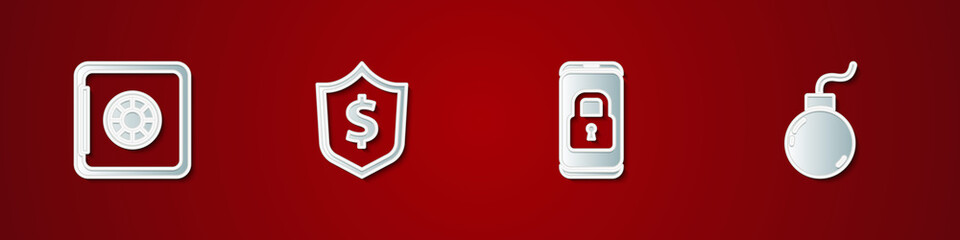 Set Safe, Shield with dollar, Mobile closed padlock and Bomb ready to explode icon. Vector.