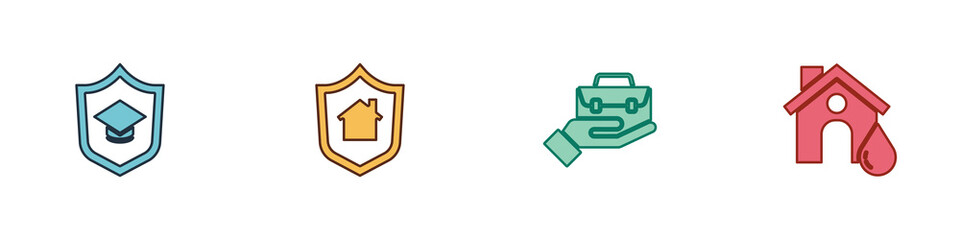 Set Graduation cap with shield, House, Hand holding briefcase and flood icon. Vector.