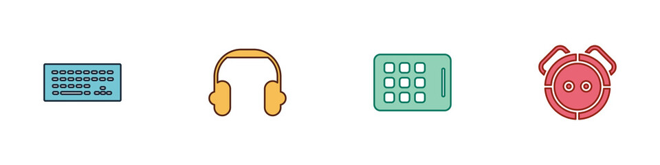 Set Keyboard, Headphones, Graphic tablet and Robot vacuum cleaner icon. Vector.