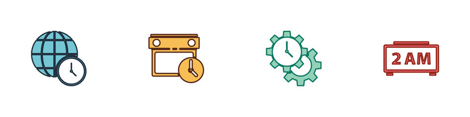 Set World time, Calendar and clock, Time Management and Digital alarm icon. Vector.