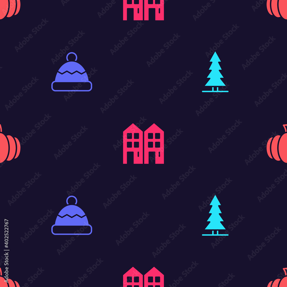 Canvas Prints Set Canadian spruce, Beanie hat, House and Pumpkin on seamless pattern. Vector.