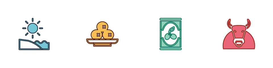 Set Beach, Olives on plate, in can and Bull icon. Vector.