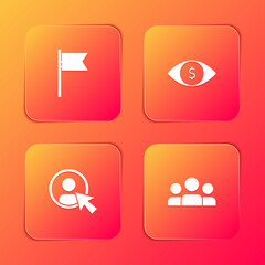 Set Location marker, Eye with dollar, Create account screen and Users group icon. Vector.