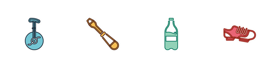 Set Unicycle or one wheel bicycle, Screwdriver, Sport bottle with water and Bicycle shoes icon. Vector. © vector_v