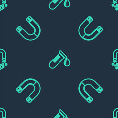 Set line Test tube with drop of blood, Magnet and money on seamless pattern. Vector.
