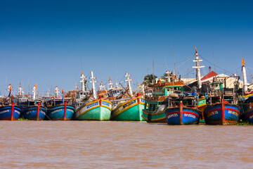 Fishing boats in the harbor of Long Xuyen,Mekong, Vietnam, Asia