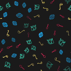 Set line Cooking soup in pot, Washing dishes, Kitchen ladle and Spoon on seamless pattern. Vector.